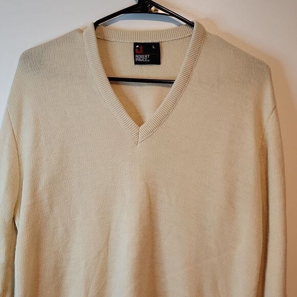 Vintage Robert Bruce Solid Cream V-Neck Pullover Sweater Men's Size Large EUC - Picture 3 of 11